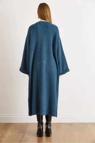 Kadın İndigo Manşeti Katlamalı Maxi Triko Hırka HRK-19000297-İndigo - 6