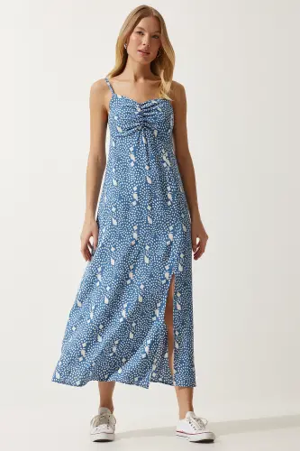 Kadın İndigo Mavi Askılı Desenli Viskon Elbise UB00236-İndigo Mavi - 1