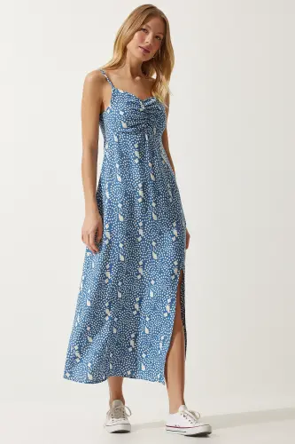 Kadın İndigo Mavi Askılı Desenli Viskon Elbise UB00236-İndigo Mavi - HAPPINESS İSTANBUL (1)