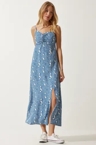 Kadın İndigo Mavi Askılı Desenli Viskon Elbise UB00236-İndigo Mavi - 3