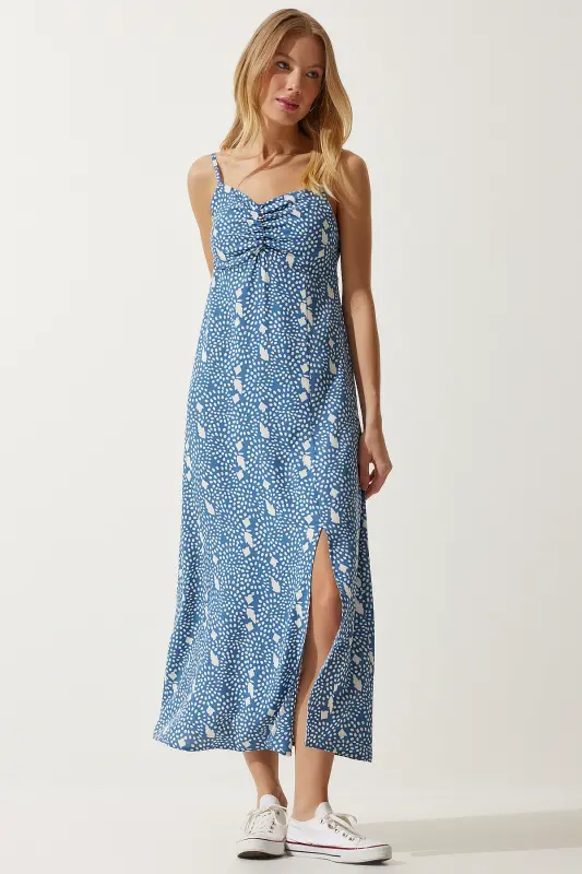 Kadın İndigo Mavi Askılı Desenli Viskon Elbise UB00236-İndigo Mavi - 3