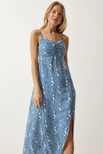 Kadın İndigo Mavi Askılı Desenli Viskon Elbise UB00236-İndigo Mavi - 4