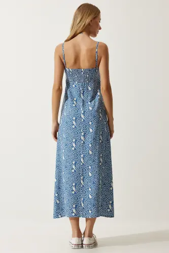 Kadın İndigo Mavi Askılı Desenli Viskon Elbise UB00236-İndigo Mavi - 8