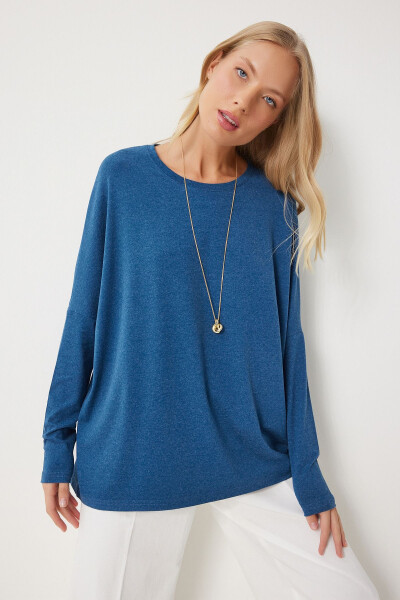 Kadın İndigo Mavi Bisiklet Yaka Yarasa Kol Örme Bluz EN00616-İndigo Mavi 