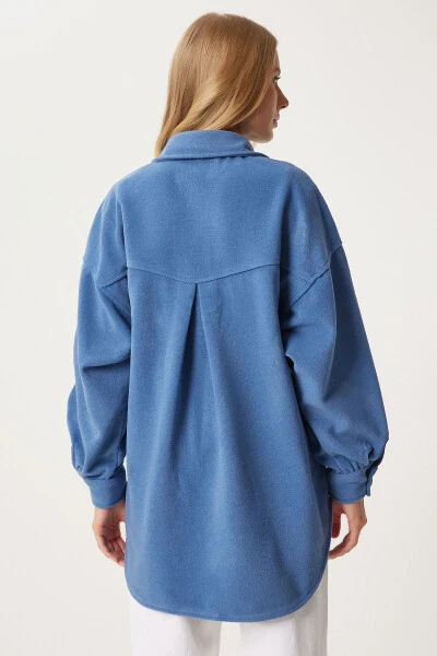Kadın İndigo Mavi Cepli Kaşe Gömlek Ceket NV00071-İndigo Mavi - 6