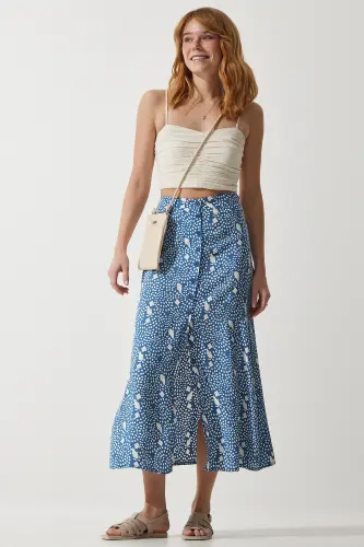 Kadın İndigo Mavi Desenli Yırtmaçlı Viskon Etek UB00246-İndigo Mavi - 1