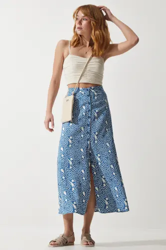 Kadın İndigo Mavi Desenli Yırtmaçlı Viskon Etek UB00246-İndigo Mavi - 3