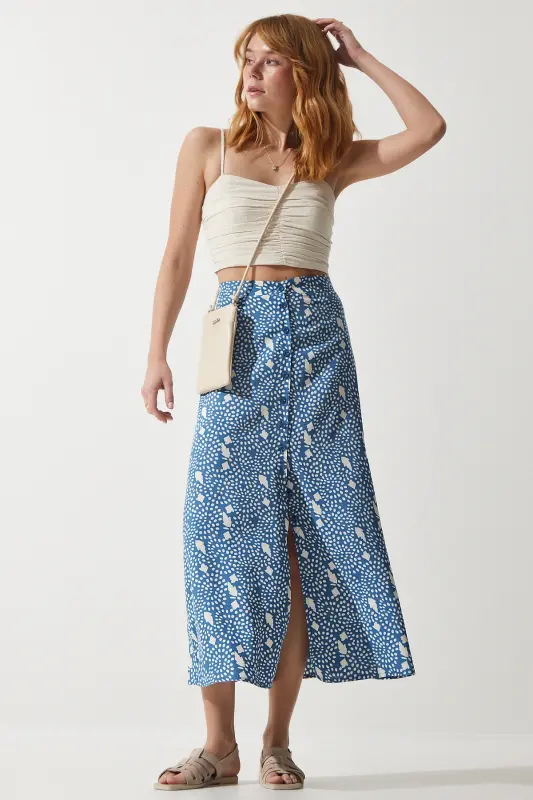 Kadın İndigo Mavi Desenli Yırtmaçlı Viskon Etek UB00246-İndigo Mavi - 3