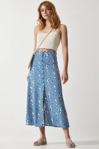 Kadın İndigo Mavi Desenli Yırtmaçlı Viskon Etek UB00246-İndigo Mavi - 4