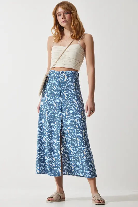 Kadın İndigo Mavi Desenli Yırtmaçlı Viskon Etek UB00246-İndigo Mavi - 4