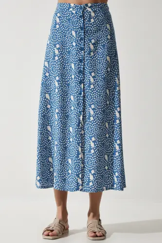 Kadın İndigo Mavi Desenli Yırtmaçlı Viskon Etek UB00246-İndigo Mavi - 5