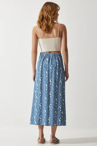 Kadın İndigo Mavi Desenli Yırtmaçlı Viskon Etek UB00246-İndigo Mavi - 7