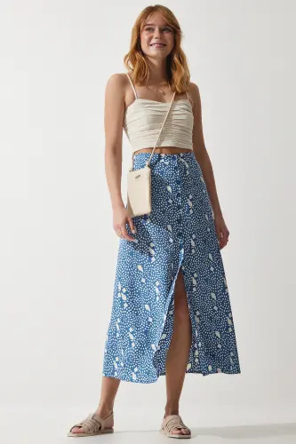 Kadın İndigo Mavi Desenli Yırtmaçlı Viskon Etek UB00246-İndigo Mavi - HAPPINESS İSTANBUL (1)