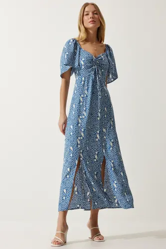 Kadın İndigo Mavi Yırtmaç Detaylı Volanlı Viskon Elbise UB00247-İndigo Mavi - 2