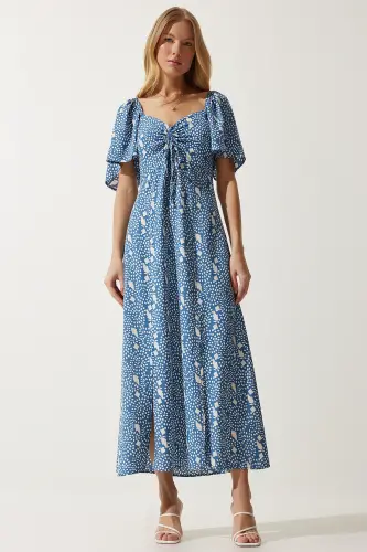 Kadın İndigo Mavi Yırtmaç Detaylı Volanlı Viskon Elbise UB00247-İndigo Mavi - 3