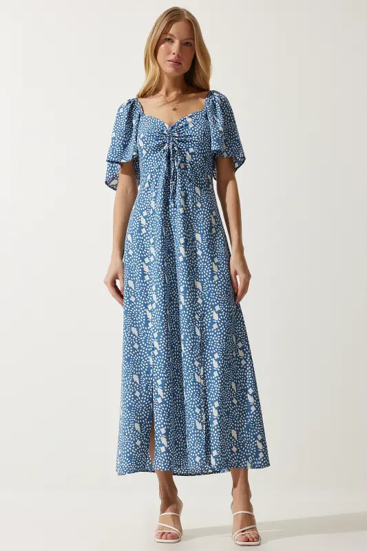 Kadın İndigo Mavi Yırtmaç Detaylı Volanlı Viskon Elbise UB00247-İndigo Mavi - 3