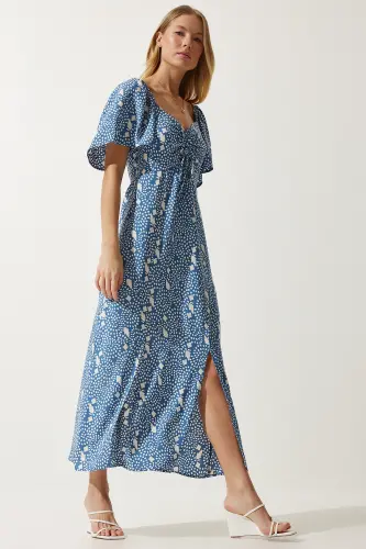 Kadın İndigo Mavi Yırtmaç Detaylı Volanlı Viskon Elbise UB00247-İndigo Mavi - 4