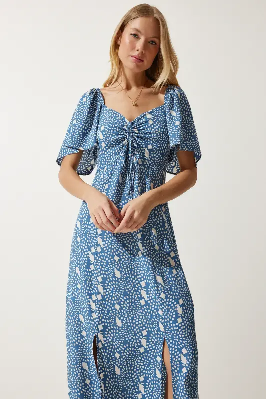 Kadın İndigo Mavi Yırtmaç Detaylı Volanlı Viskon Elbise UB00247-İndigo Mavi - 5