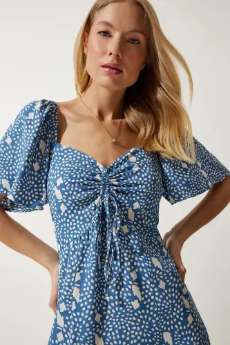 Kadın İndigo Mavi Yırtmaç Detaylı Volanlı Viskon Elbise UB00247-İndigo Mavi - 6