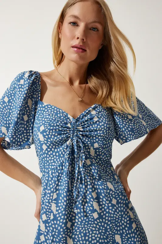 Kadın İndigo Mavi Yırtmaç Detaylı Volanlı Viskon Elbise UB00247-İndigo Mavi - 6