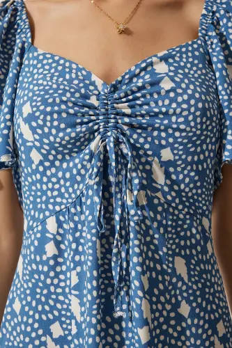 Kadın İndigo Mavi Yırtmaç Detaylı Volanlı Viskon Elbise UB00247-İndigo Mavi - 7