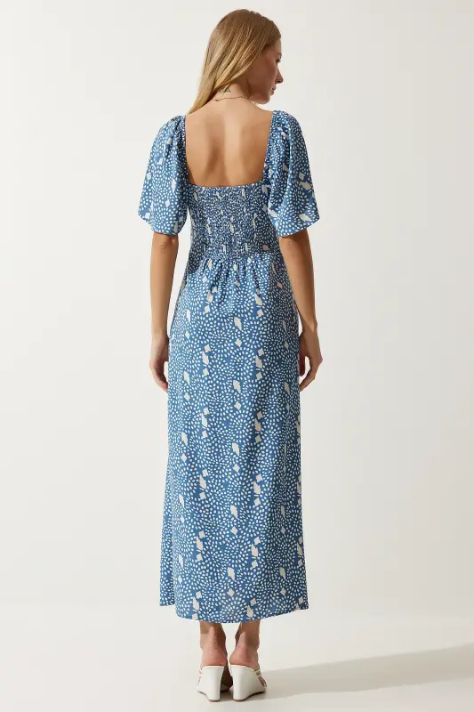 Kadın İndigo Mavi Yırtmaç Detaylı Volanlı Viskon Elbise UB00247-İndigo Mavi - 8