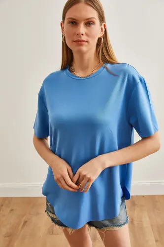 Kadın İndigo Modal Tuşeli Yumuşak Dokulu Altı Oval Tişört TSH-19000771-İndigo - OLALOOK (1)