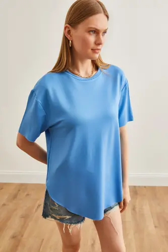 Kadın İndigo Modal Tuşeli Yumuşak Dokulu Altı Oval Tişört TSH-19000771-İndigo - 4