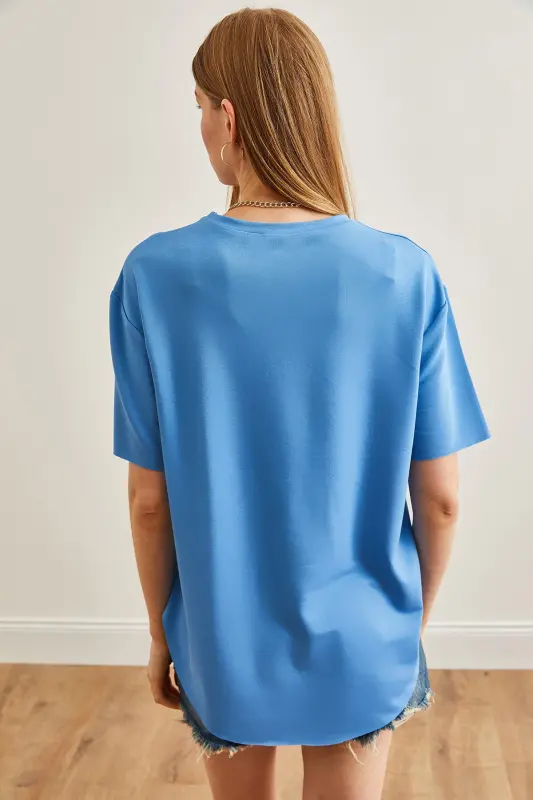 Kadın İndigo Modal Tuşeli Yumuşak Dokulu Altı Oval Tişört TSH-19000771-İndigo - 6