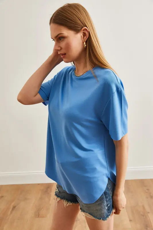 Kadın İndigo Modal Tuşeli Yumuşak Dokulu Altı Oval Tişört TSH-19000771-İndigo - 3