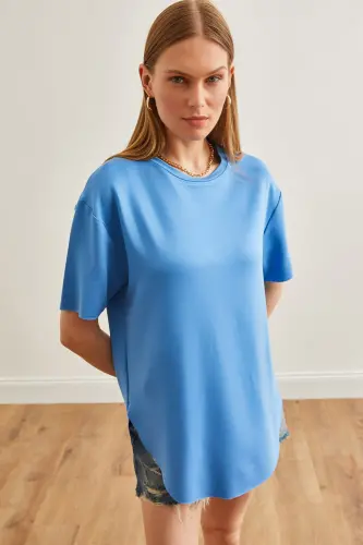 Kadın İndigo Modal Tuşeli Yumuşak Dokulu Altı Oval Tişört TSH-19000771-İndigo - 5