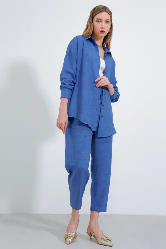 Kadın İndigo Oversize Keten Alt Üst Takım 6622 - İNDİGO - 1