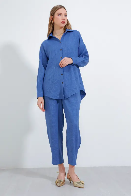 Kadın İndigo Oversize Keten Alt Üst Takım 6622 - İNDİGO - 2