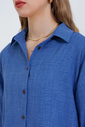 Kadın İndigo Oversize Keten Alt Üst Takım 6622 - İNDİGO - 3