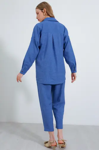 Kadın İndigo Oversize Keten Alt Üst Takım 6622 - İNDİGO - 4
