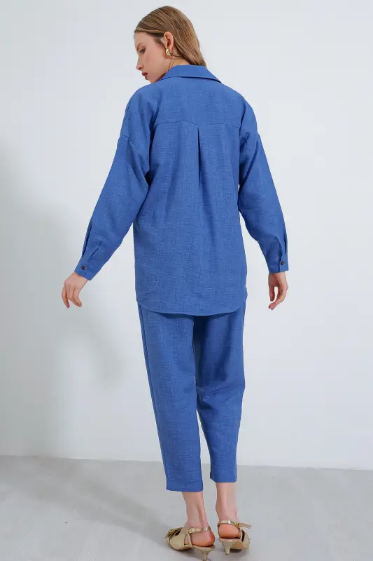 Kadın İndigo Oversize Keten Alt Üst Takım 6622 - İNDİGO - 4