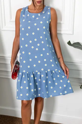 Kadın İndigo Papatya Desen Kolsuz Eteği Fırfırlı Elbise ARM-22Y001123-İndigo - ARMONIKA (1)