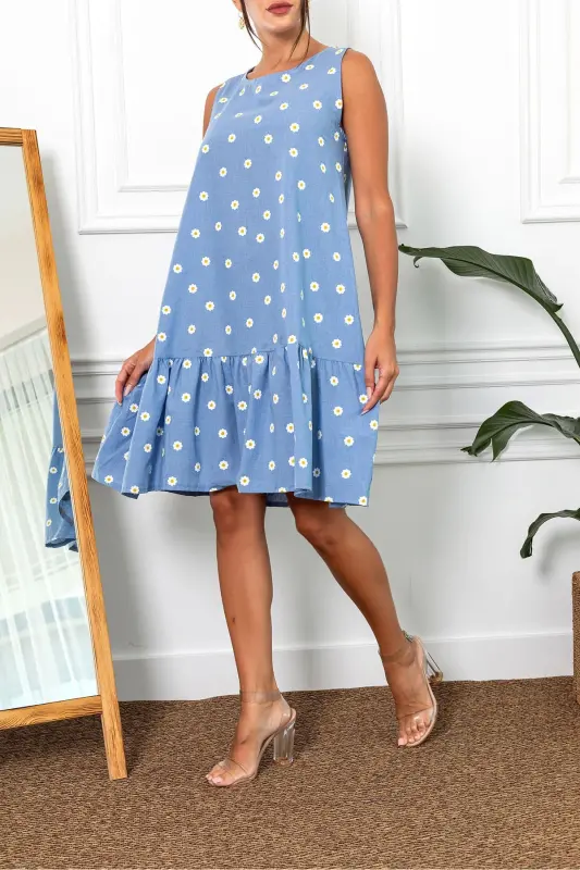 Kadın İndigo Papatya Desen Kolsuz Eteği Fırfırlı Elbise ARM-22Y001123-İndigo - 1