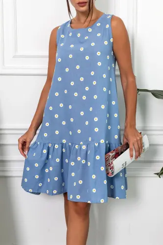 Kadın İndigo Papatya Desen Kolsuz Eteği Fırfırlı Elbise ARM-22Y001123-İndigo - 3