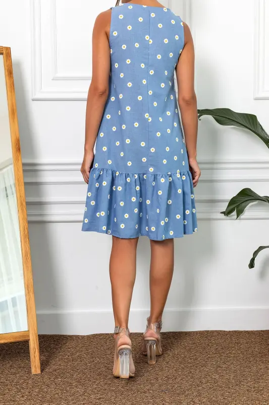 Kadın İndigo Papatya Desen Kolsuz Eteği Fırfırlı Elbise ARM-22Y001123-İndigo - 4