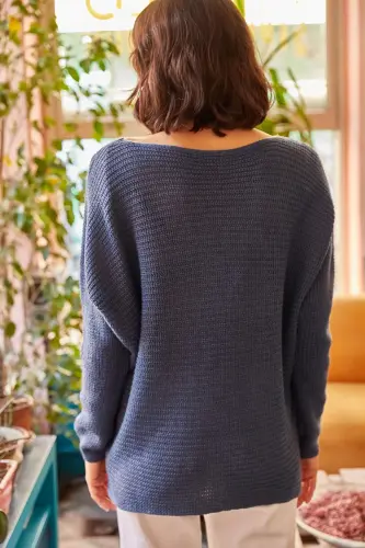 Kadın İndigo Selanik Salaş Triko Kazak KZK-19000051-İNDİGO - 4