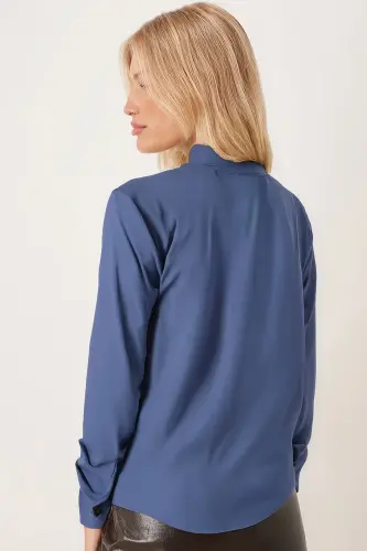 Kadın İndigo Uzun Kollu Düz Gömlek ARM-18Y001176 - İndigo - 3