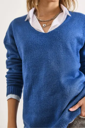 Kadın İndigo V Yaka Yumuşak Dokulu Triko Kazak KZK-19000598-İndigo - 3