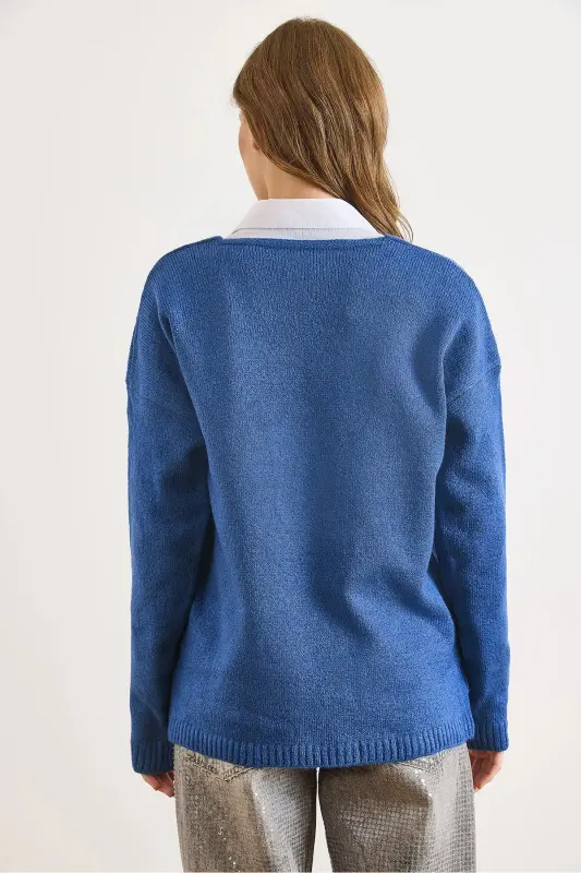 Kadın İndigo V Yaka Yumuşak Dokulu Triko Kazak KZK-19000598-İndigo - 5