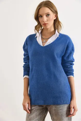 Kadın İndigo V Yaka Yumuşak Dokulu Triko Kazak KZK-19000598-İndigo - 6