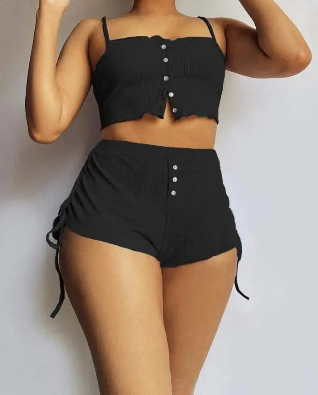 Kadın Ip Askılı Crop Bluz Ve Yanlardan Büzgülü Ikili Kaşkorse Short Takım - BÜYÜKBEDENIZ