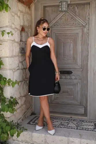 Kadın Ip Askılı Geniş V Yakalı çift Renkli Janjan Krep Elbise - BÜYÜKBEDENIZ (1)