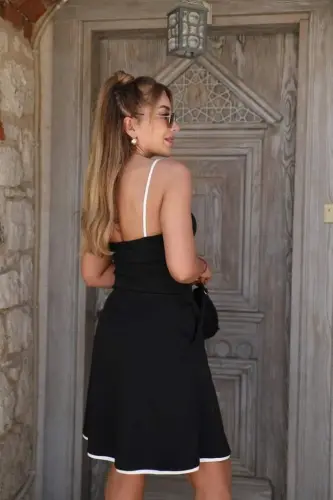 Kadın Ip Askılı Geniş V Yakalı çift Renkli Janjan Krep Elbise - 3