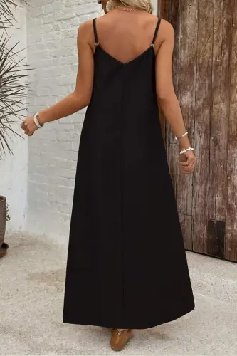 Kadın Ip Askılı Geniş V Yakalı Desenli Süprem Elbise - BÜYÜKBEDENIZ (1)