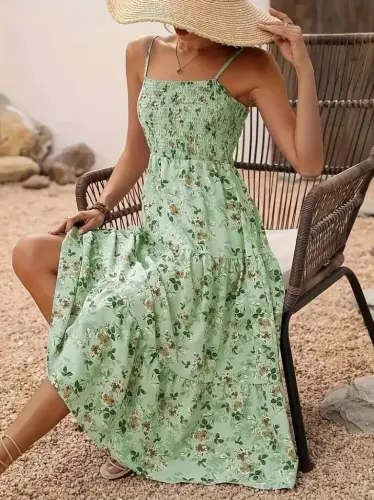 Kadın Ip Askılı Geniş V Yakalı Desenli Uzun Süprem Elbise - 1